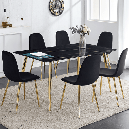 Marble Dining Table Set for 6,Sudica 63" Rectangular Black Faux Marble Kitchen Table with 4 Velvet Dining Chairs