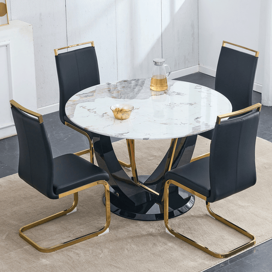 Sudica Round Dining Set for 4, 48" Round Marble Dining Table with PU Leather Dining Chairs, Gold Legs, Black