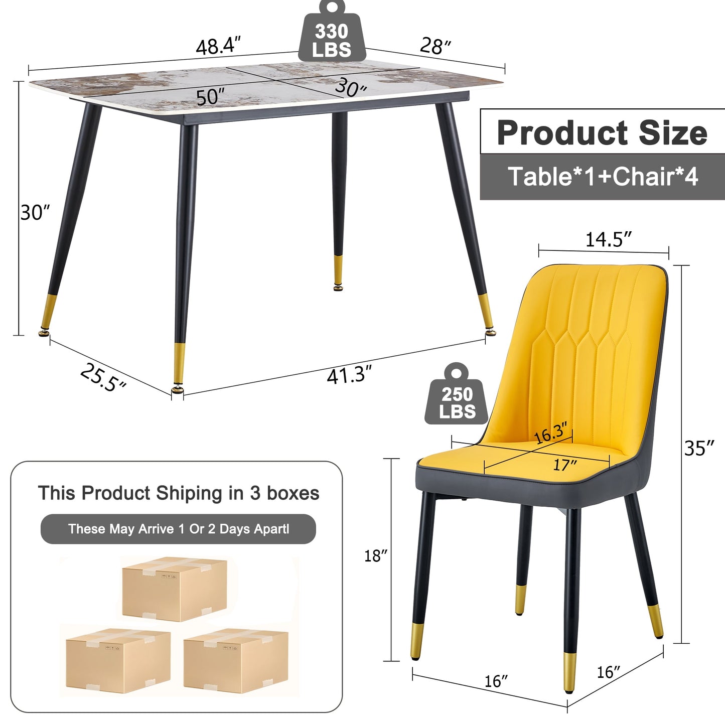 Sudica 5-Piece Dining Table Set,White Faux Marble Dining Tabletop with 4 Faux Leather Dining Room Chairs, Yellow