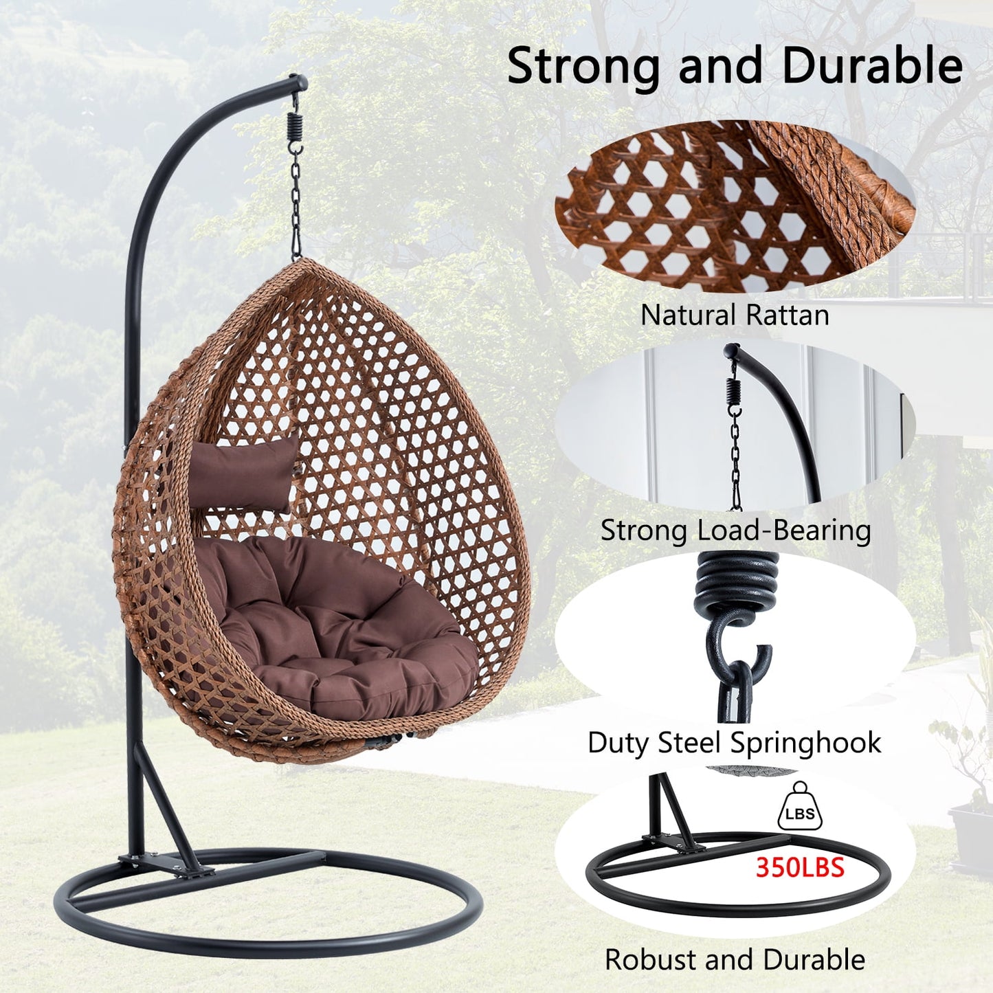 Sudica Egg Swing Chair with Stand Patio Soft Cushion Rattan Wicker Hanging Egg Chair for Bedroom, Garden 350lbs Capacity, Brown