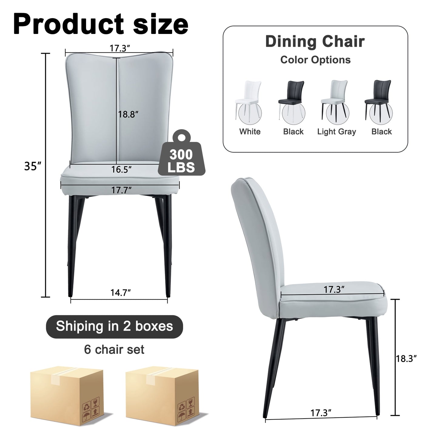 Sudica Modern Dining Chairs Set of 6, Upholstered Leather Kitchen Chairs with Metal Legs, Gray