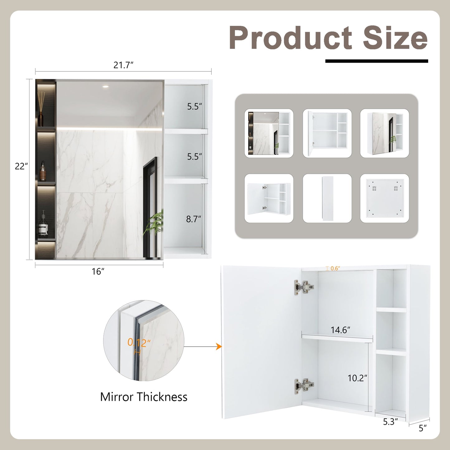 Bathroom Wall Mirror Cabinet, Sudica Medicine Cabinet with Single Door White Storage with Mirrors