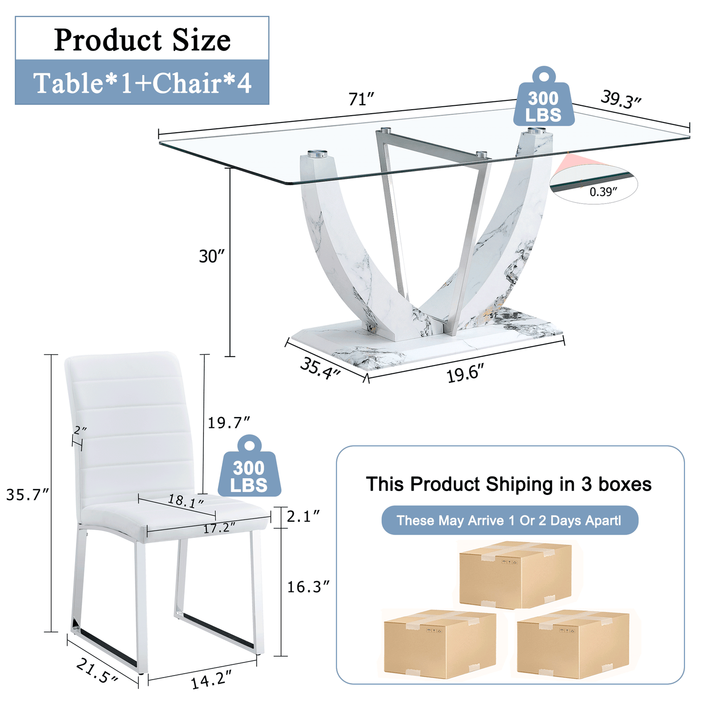 Sudica 5 Pieces Dining Set, 71" Large Glass Dining Table with Marble U Shape Base, White PU Leather Kitchen Chairs