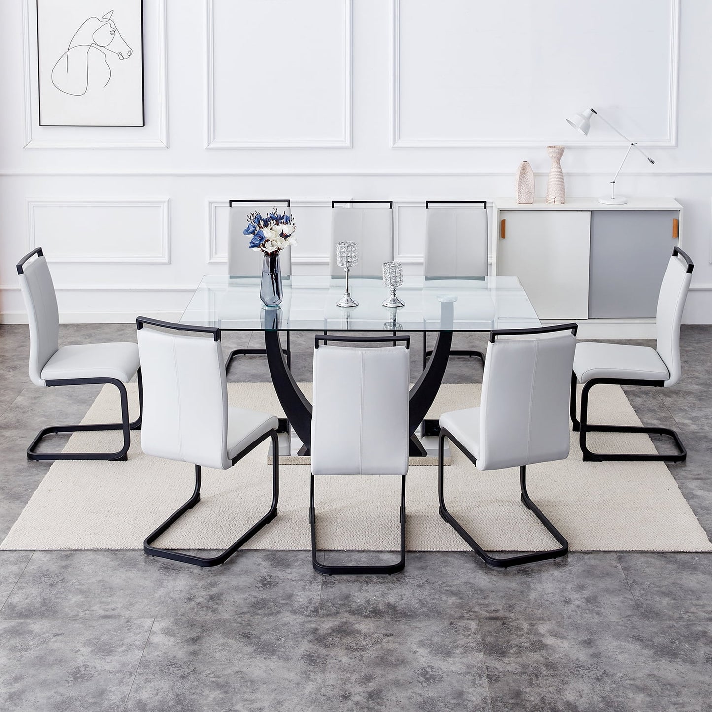 9-Piece 67"Glass Dining Table Set, Sudica Modern Table & Chair Set with 8 PU Leather Padded Dining Chairs, Light Gray