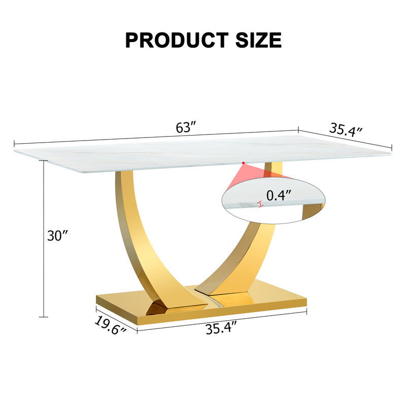 Sudica Modern Dining Table with White Marble Patterned Tabletop, 63 inch Large Dining Room Table with Golden U shape Base for Kitchen