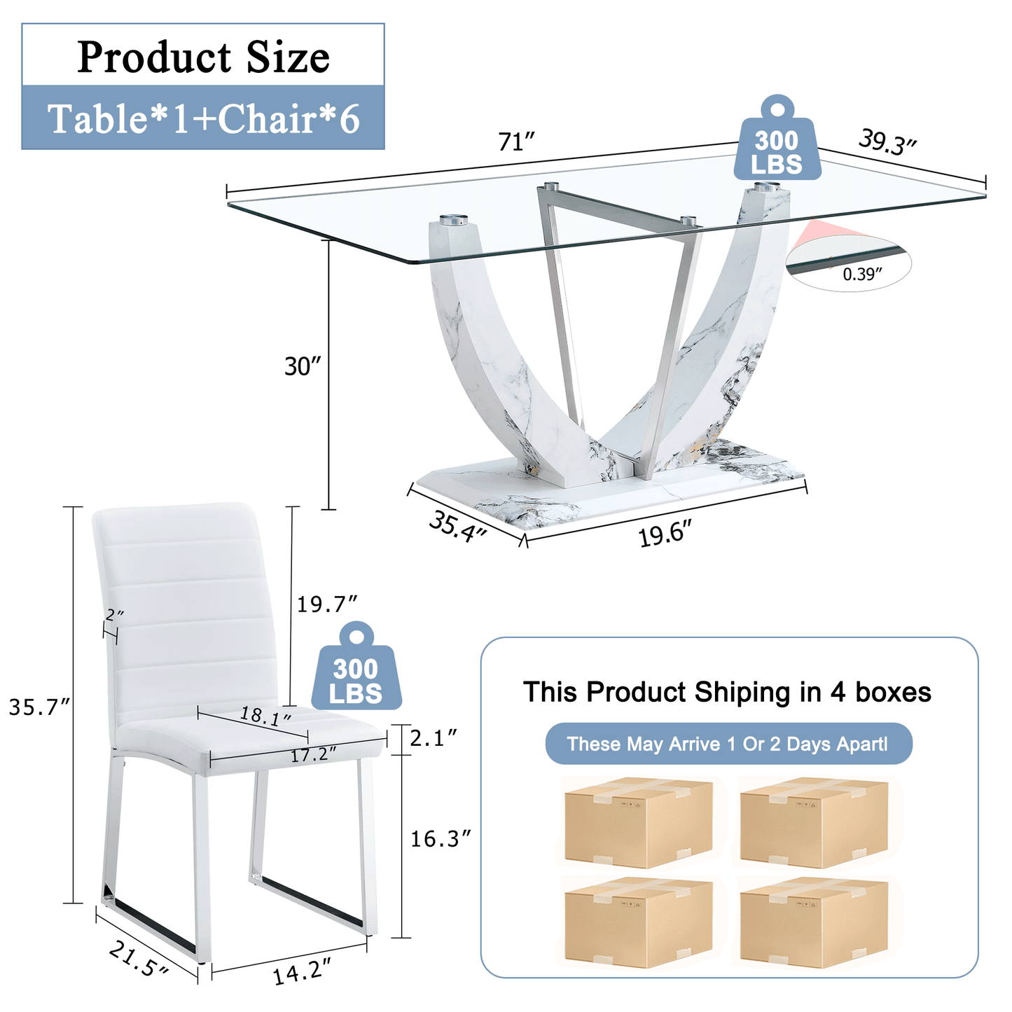 Sudica 7 Pieces Dining Set, 71" Large Glass Dining Table with Marble U Shape Base, White PU Leather Kitchen Chairs