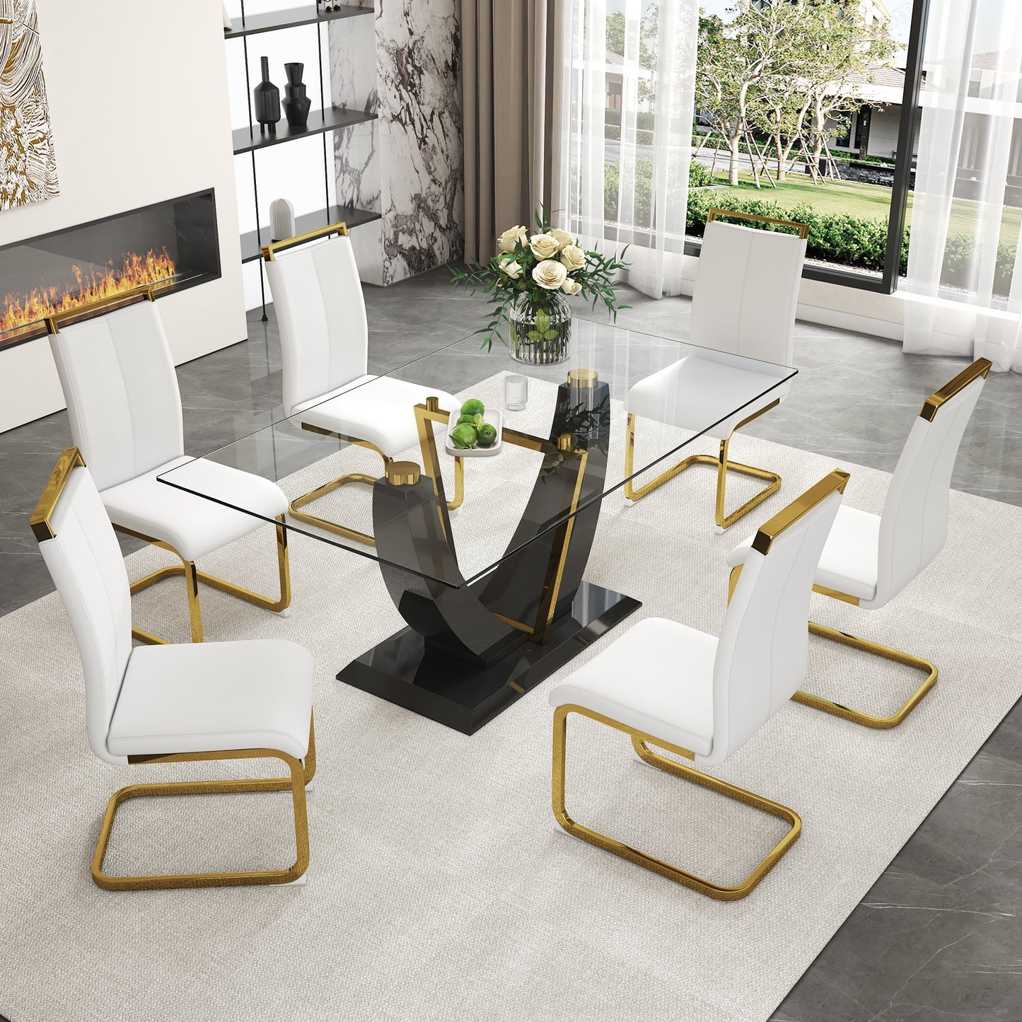 Sudica 63" Dining Table Set for 6, Modern Rectangular Glass Dining Table with PU Leather Upholstered Dining Room Chairs,White