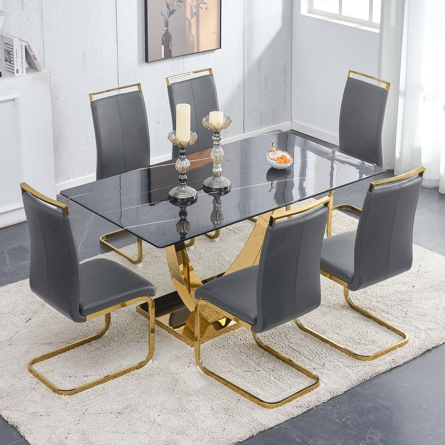 7-Piece Dining Table Set, Sudica Rectangular Faux Marble Kitchen Table with 6 Leather Gold Legs Dining Chairs, Gray