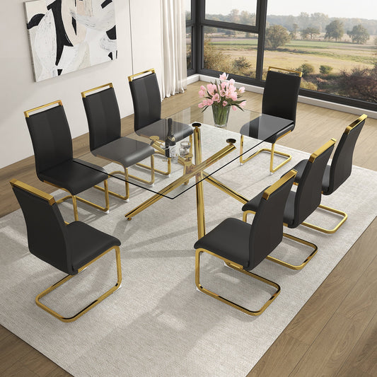 Sudica Glass Dining Table Set for 8, 71" Large Rectangular Kitchen Glass Dinner Table with Upholstered Golden Legs Dining Room Chairs, Black