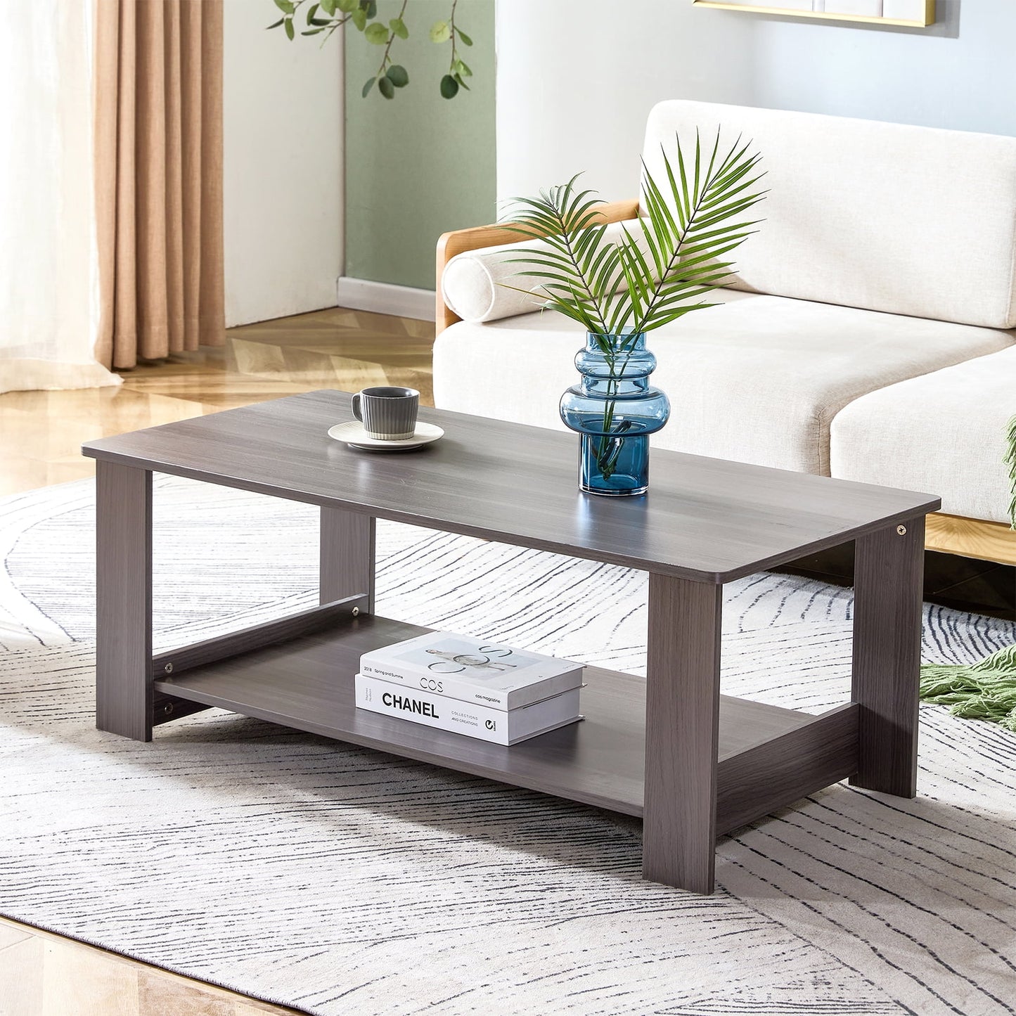 Sudica 43.3" Coffee Table with Storage Shelf Rectangular Rustic Wood Cocktail Table for Living Room,Gray