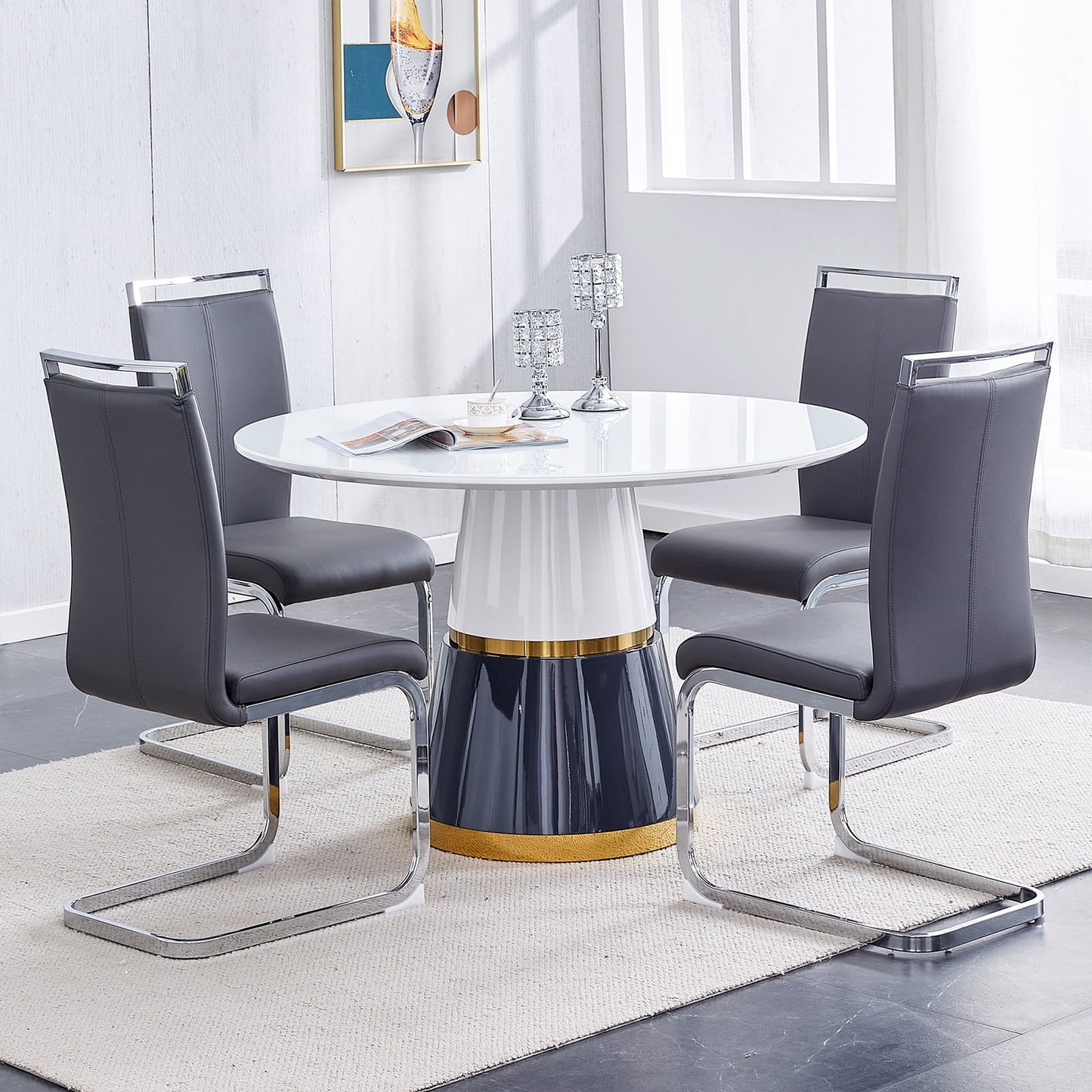 Sudica Dining Room Set 5 Piece Round Dining Set with 4 Leather Dining Room Chairs,Gray