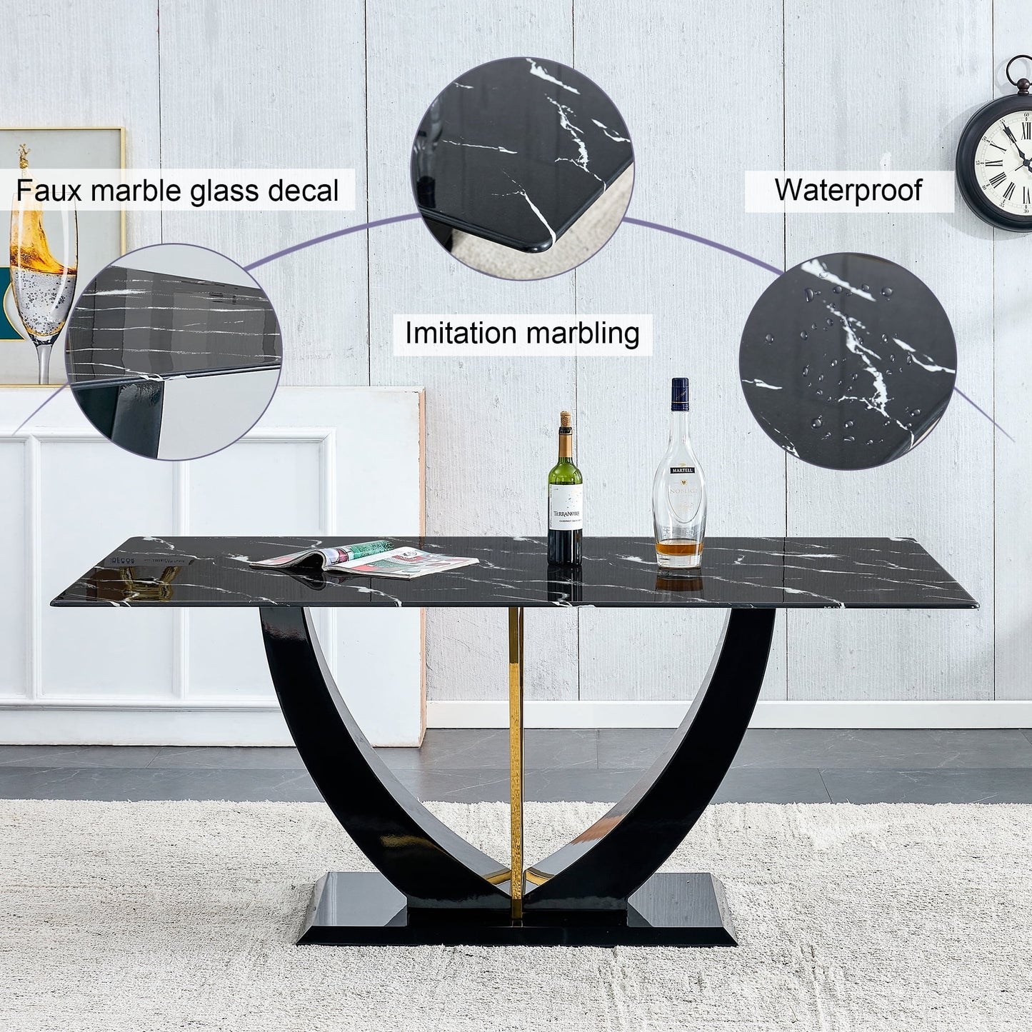 Sudica Marble Dining Table 70 inch Modern Kitchen Dining Room Table with MDF Faux Marble Table Top, Black U-Shape Base