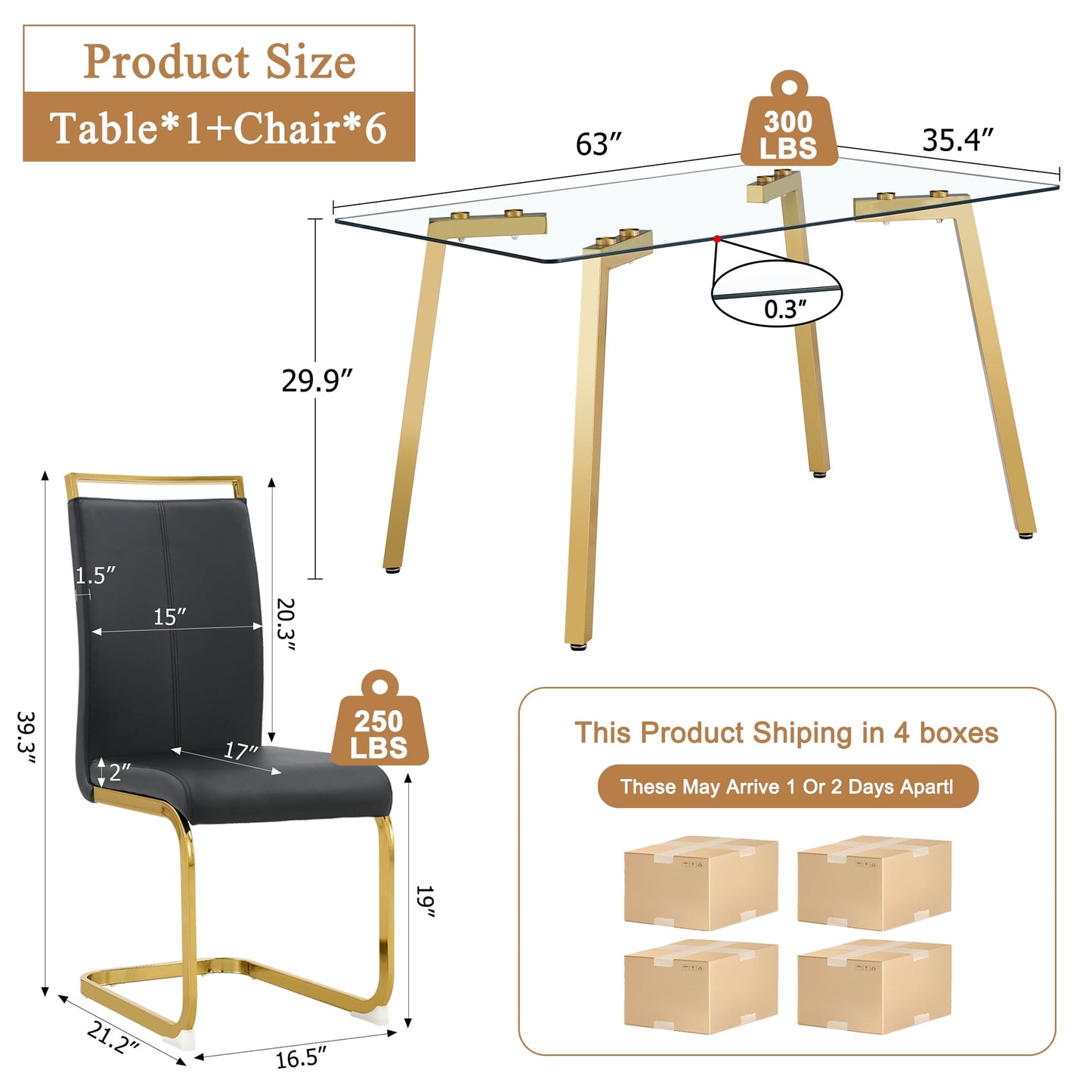 63" Large Glass Dining Table Set for 6, Sudica Gold Legs Kitchen Table with Faux Leather Dining Chairs,Black