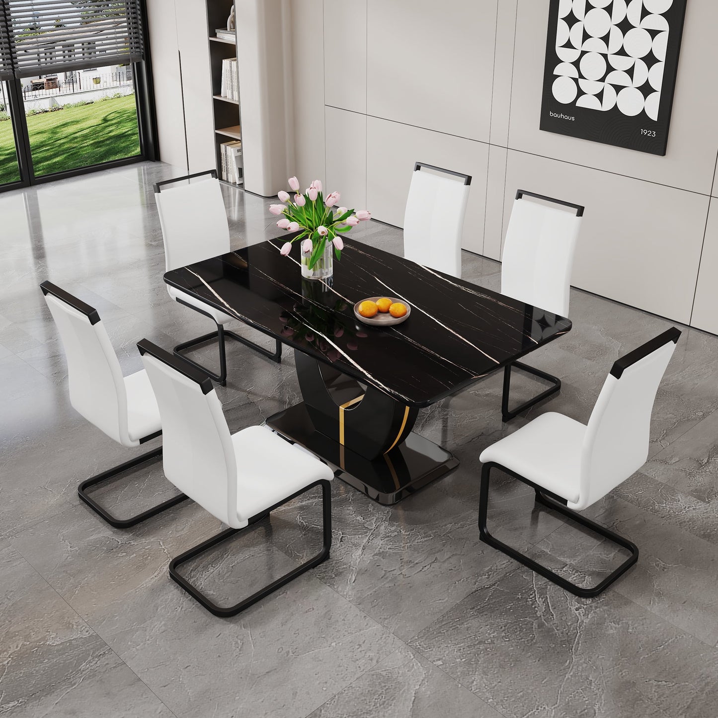 63" Dining Table Set for 6, Modern Black Faux Marble Rctangular Table with 6 Upholstered PU Leather Kitchen Chairs, White