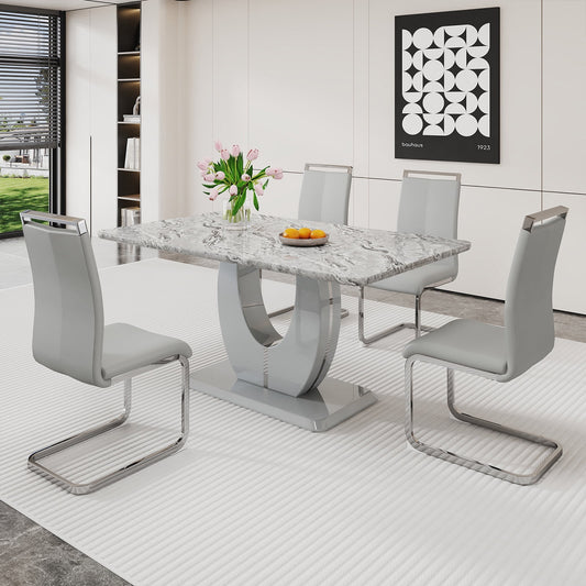 Modern Dining Table Set for 4,Sudica Rectangular Marble Kitchen Table Set with 4 PU Leather Upholstered Dining Room Chairs, Light Gray