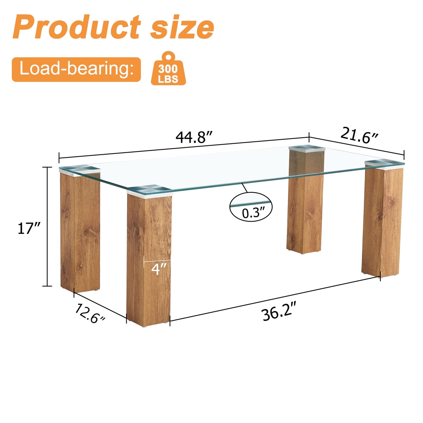 Sudica Glass Coffee Table,45 inch Modern Rectangular Center Table with Thick Wood Legs for Living Room