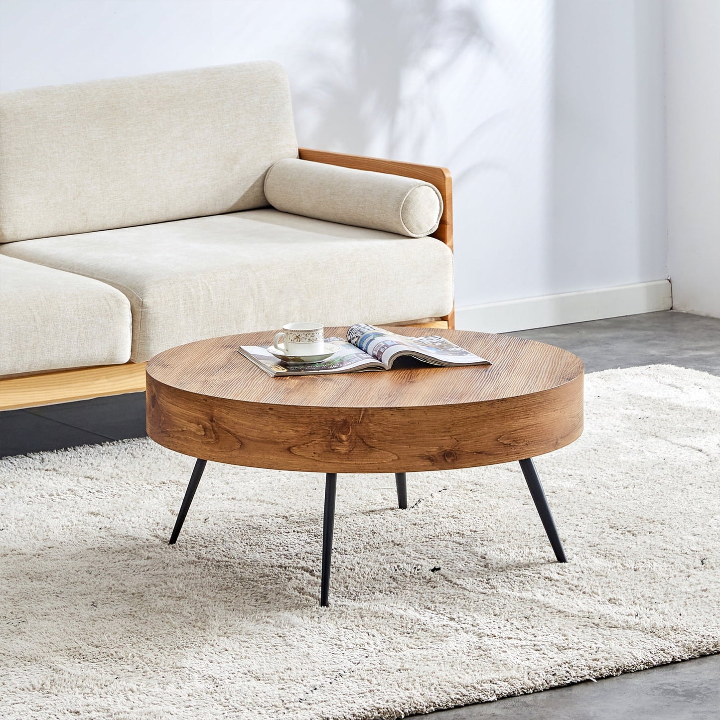 Sudica Coffee Table Wooden Round Modern Coffe Table with Black Legs for Living Room, 31.5 Inch