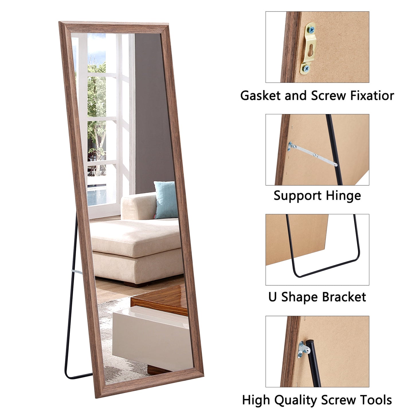 Sudica Wooden Floor Mirror 65"x22.8" Rectangular Full Body Standing Mirror for Living Room, Walnut