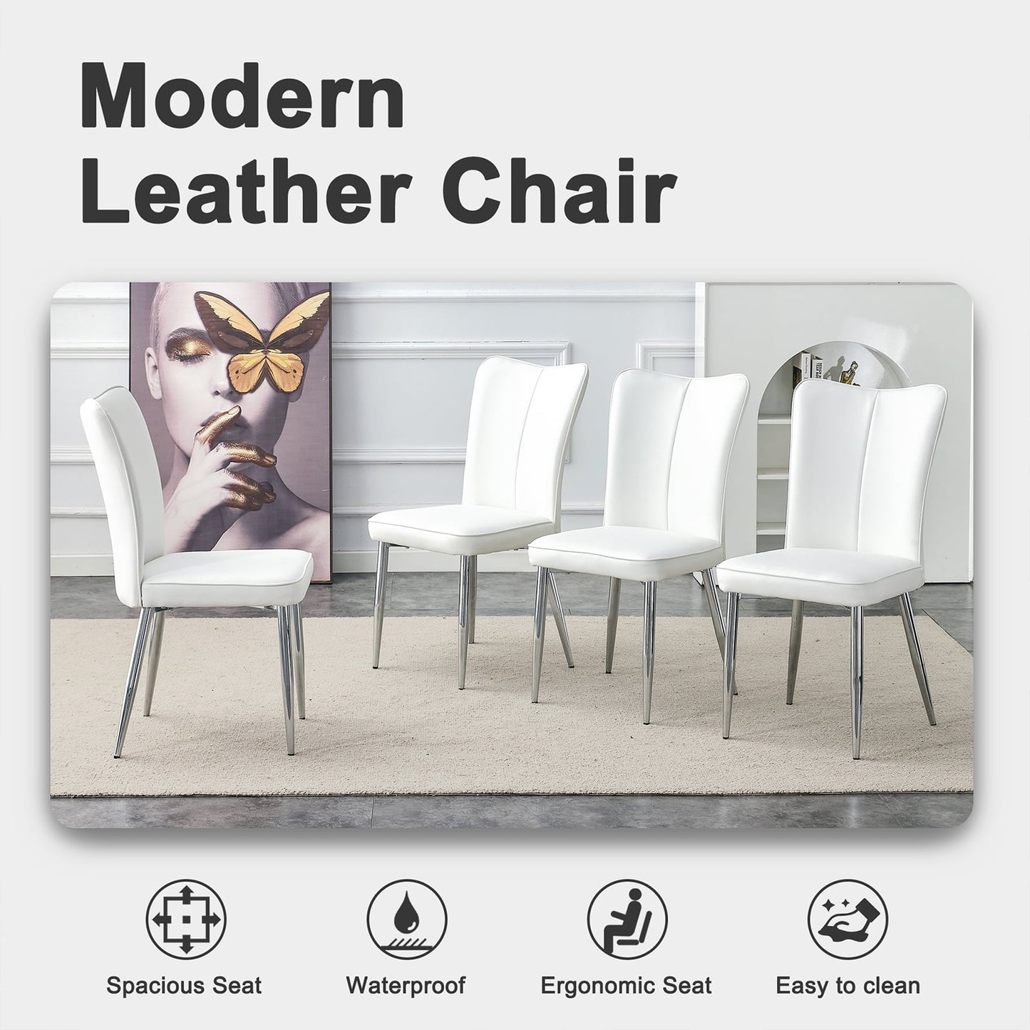 Sudica Modern Dining Chairs Set of 4, Upholstered Leather Kitchen Chairs with Metal Legs, White