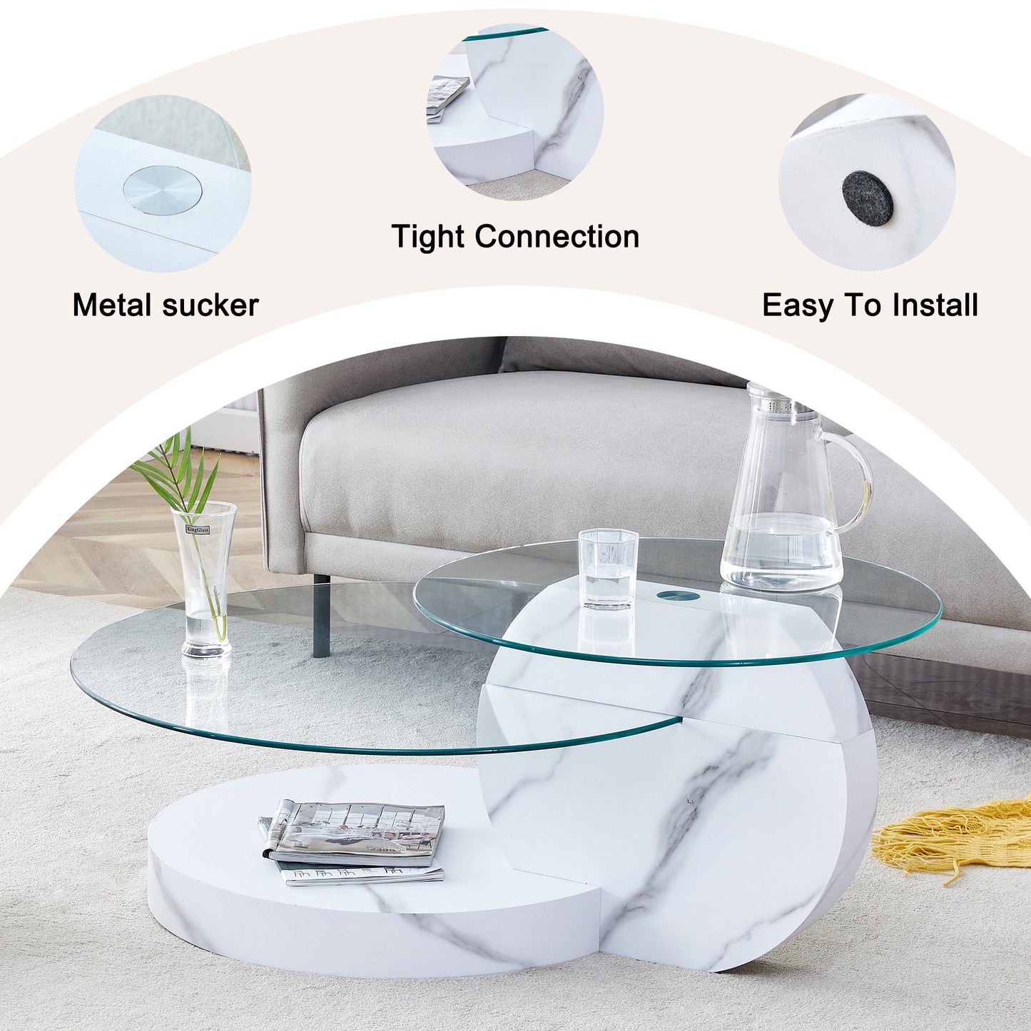 Sudica Modern Coffee Table with Double-layer Round Glass Tabletop，31 inch Tea Table with White Marble Patterned Base,Center Table for Living Room