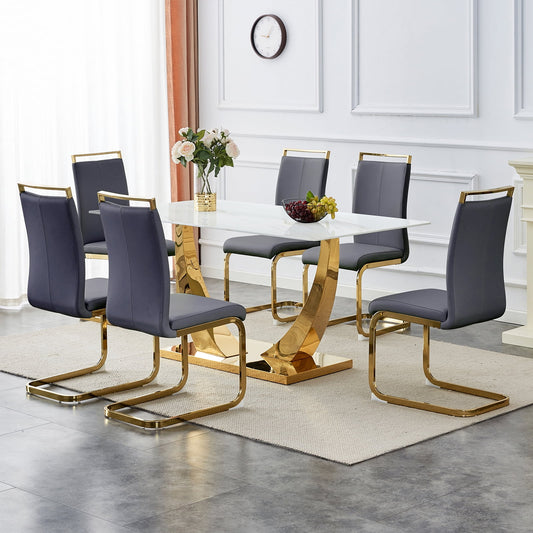 Dining Table Set for 6, Sudica Rectangular Faux Marble Kitchen Table with 4 Leather Gold Legs Dining Chairs,Dark Gray