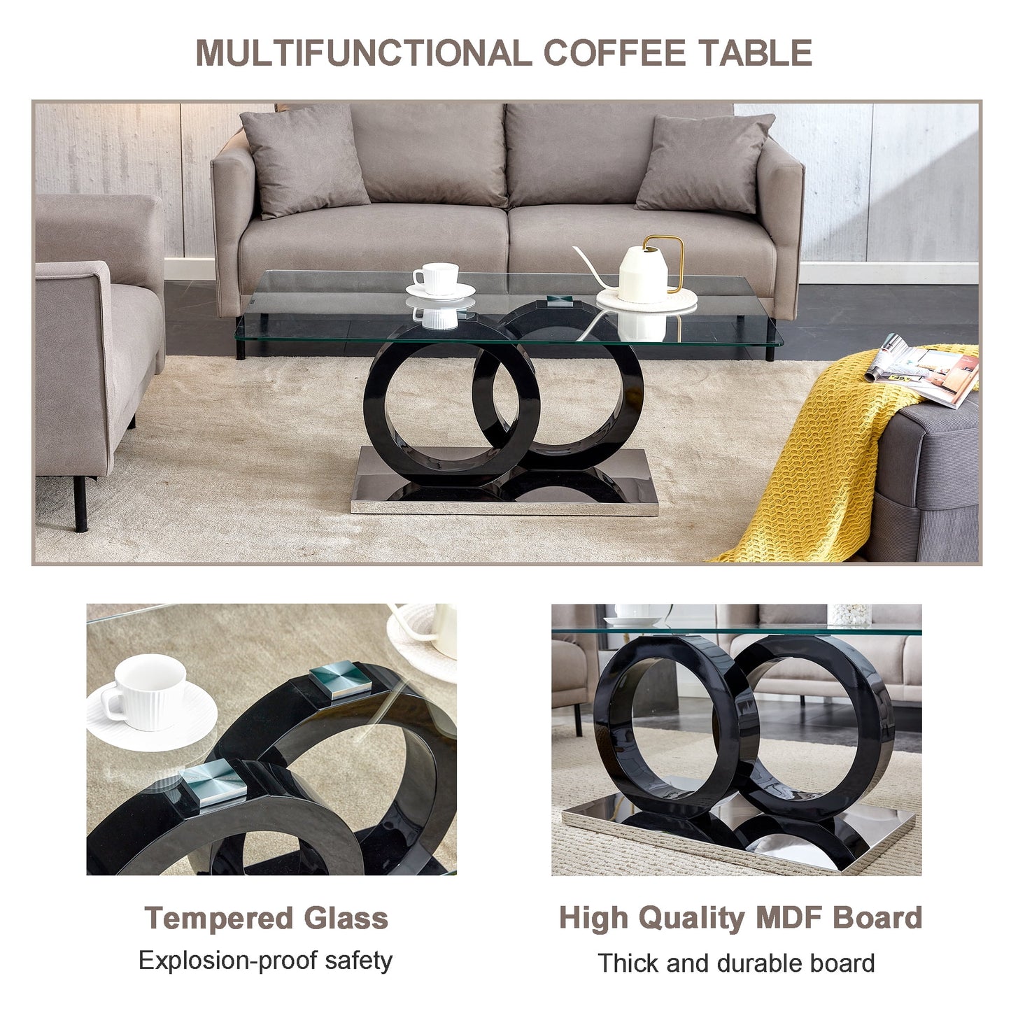 Sudica Rectangle Glass Coffee Table, Modern 47"x25" Tempered Glass Top Tea Table for Living Room, Black Base