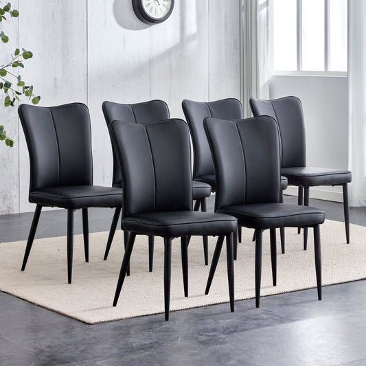 Sudica Modern Dining Chairs Set of 6, Upholstered Leather Kitchen Chairs with Black Metal Legs, Black