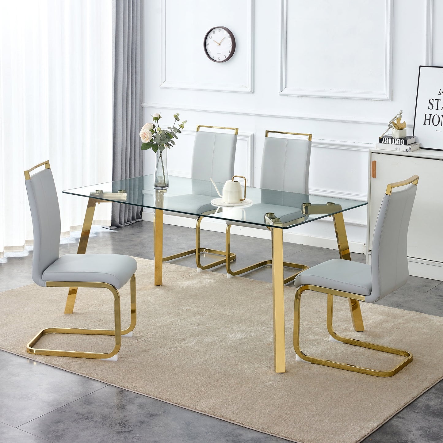 63" Large Glass Dining Table Set for 4, Sudica Gold Legs Kitchen Table with Faux Leather Dining Chairs,Light Gray