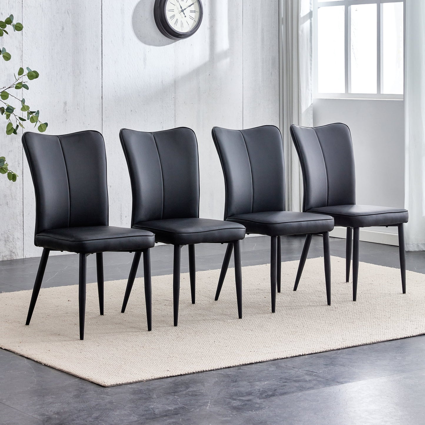 Sudica Modern Dining Chairs Set of 4, Upholstered Leather Kitchen Chairs with Black Metal Legs, Black