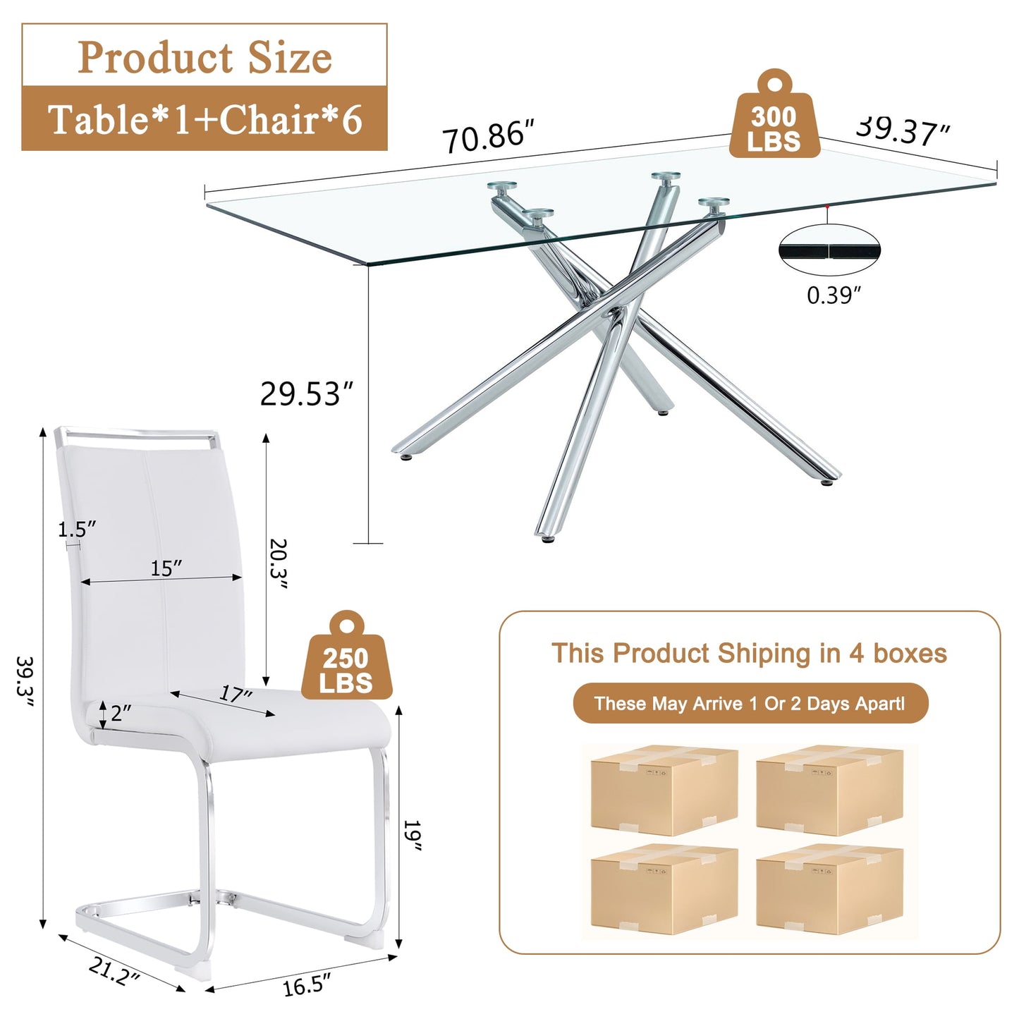 Sudica Glass Dining Table Set for 6, 71" Large Rectangular Kitchen Glass Dinner Table with Upholstered Silver Legs Dining Room Chairs, White