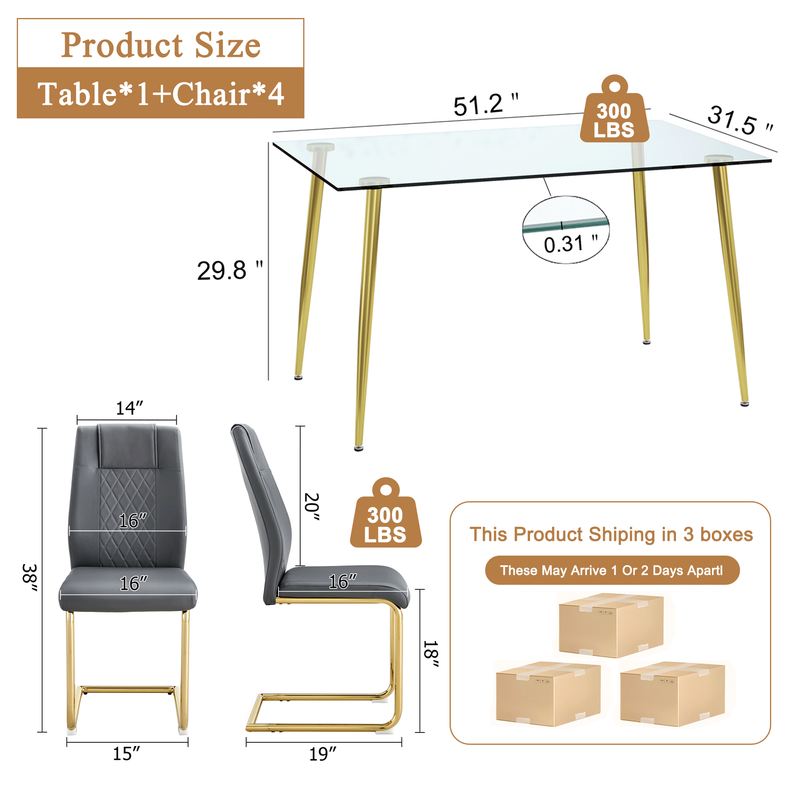 Sudica Modern Compact Dining Table and Chair Set for 4, 51 inch Rectangular Tempered Glass Kitchen Table and PU Leather Chairs for Dining Room,Living Room,Gray