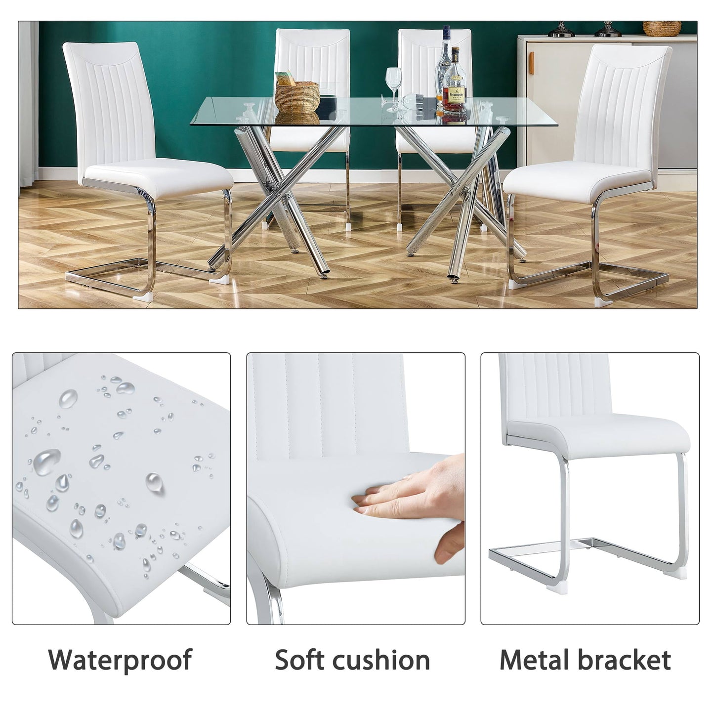 Sudica High Back Dining Chairs Set of 2 Upholstered PU Leather Dining Room Chair with Metal Legs for Home Kitchen, White