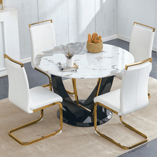 Sudica Round Dining Set for 4, 48" Round Marble Dining Table with PU Leather Dining Chairs, Gold Legs, White