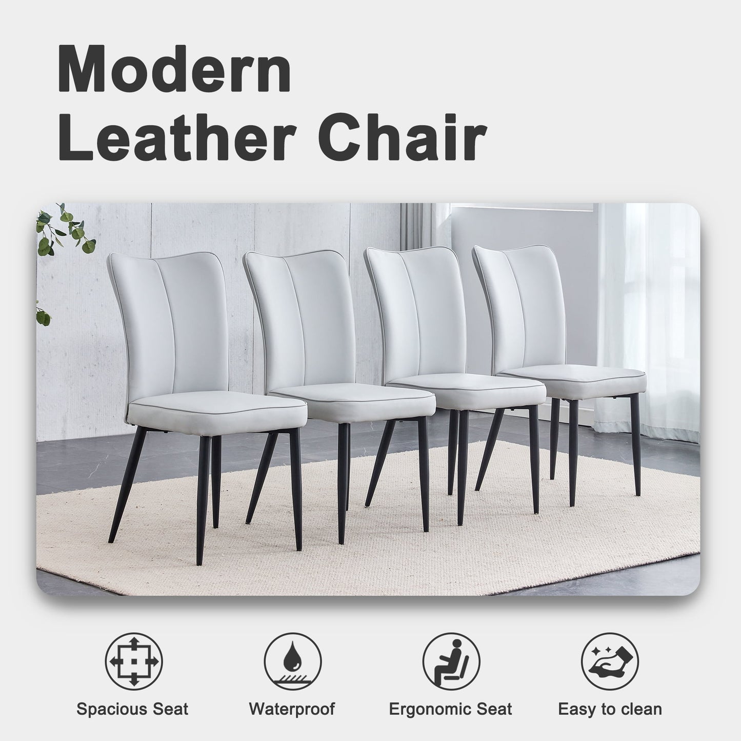 Sudica Modern Dining Chairs Set of 4, Upholstered Leather Kitchen Chairs with Metal Legs, Gray