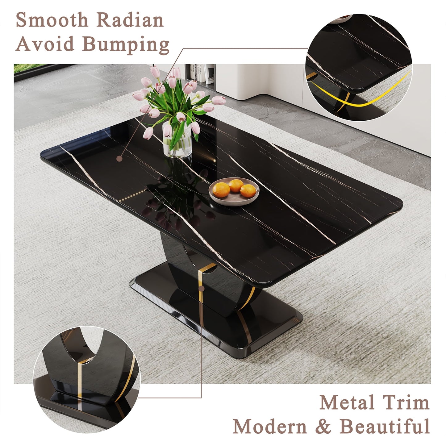 63" Marble Dining Table for 6 £¬Sudica Faux Marble Dining Room MDF Table with U-Shaped Bracket Support, Black