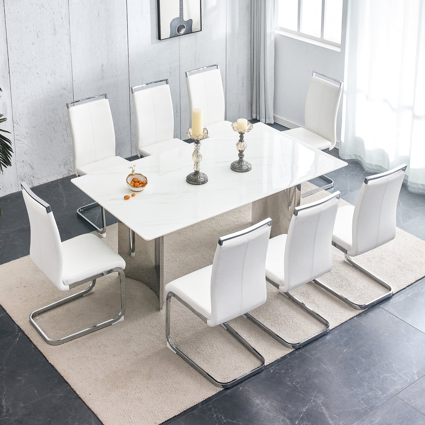 Dining Table Set for 8£¬Sudica 71" Faux Marble White Rectangular Dining Table and Upholstered PU Leather Dining Room Chairs for Kitchen,White