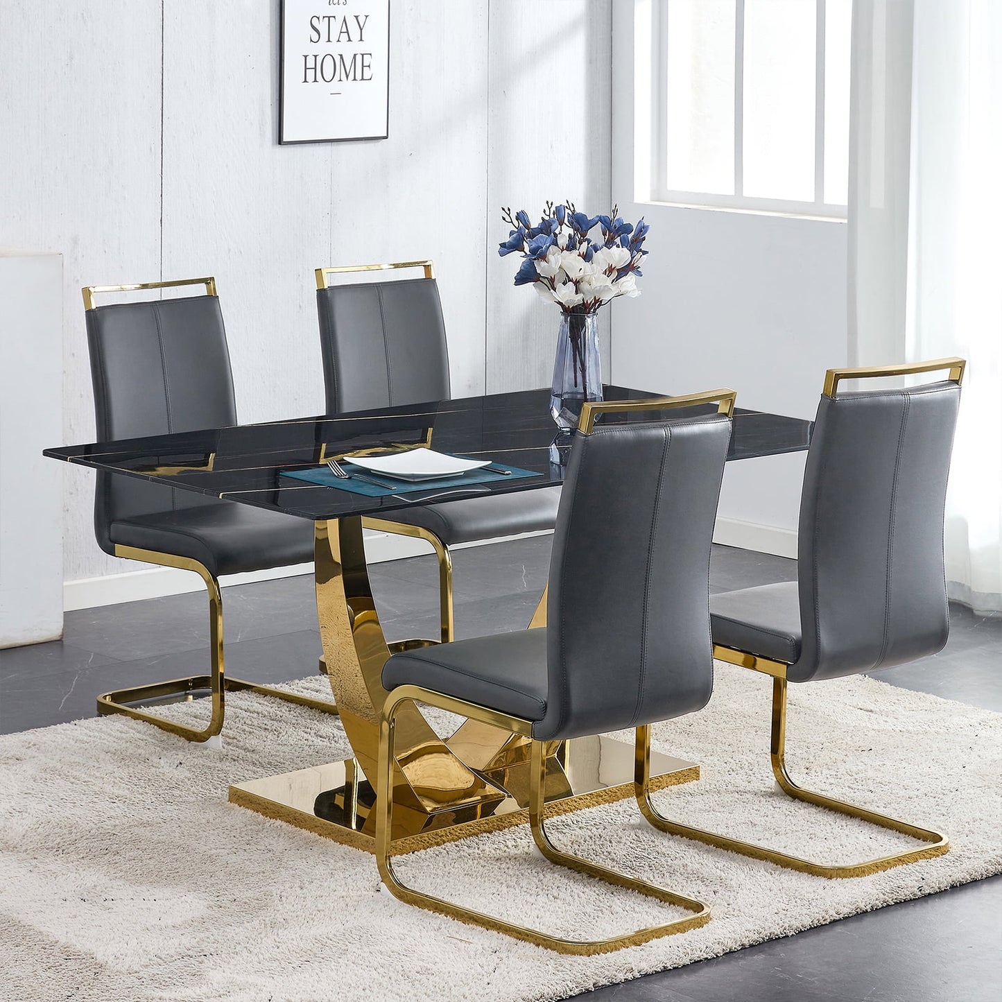 5-Piece Dining Table Set, Sudica Rectangular Faux Marble Kitchen Table with 4 Leather Gold Legs Dining Chairs, Gray