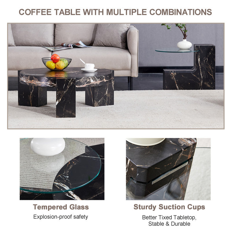 Sudica Detachable Double-decker Coffee Table，30 inch Round Tea Table with Black Faux Marble Base,Center Table for Living Room