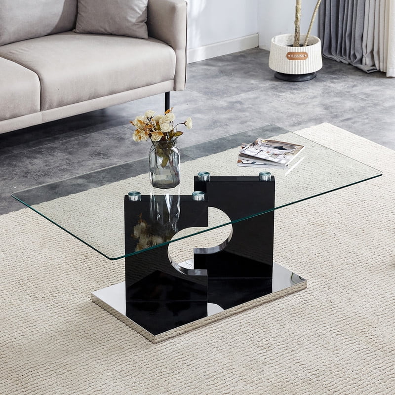 Sudica Glass Rectangular Coffee Table, 47 inch Modern Tea Table with Tempered Glass Tabletop and Black Legs for Living Room.