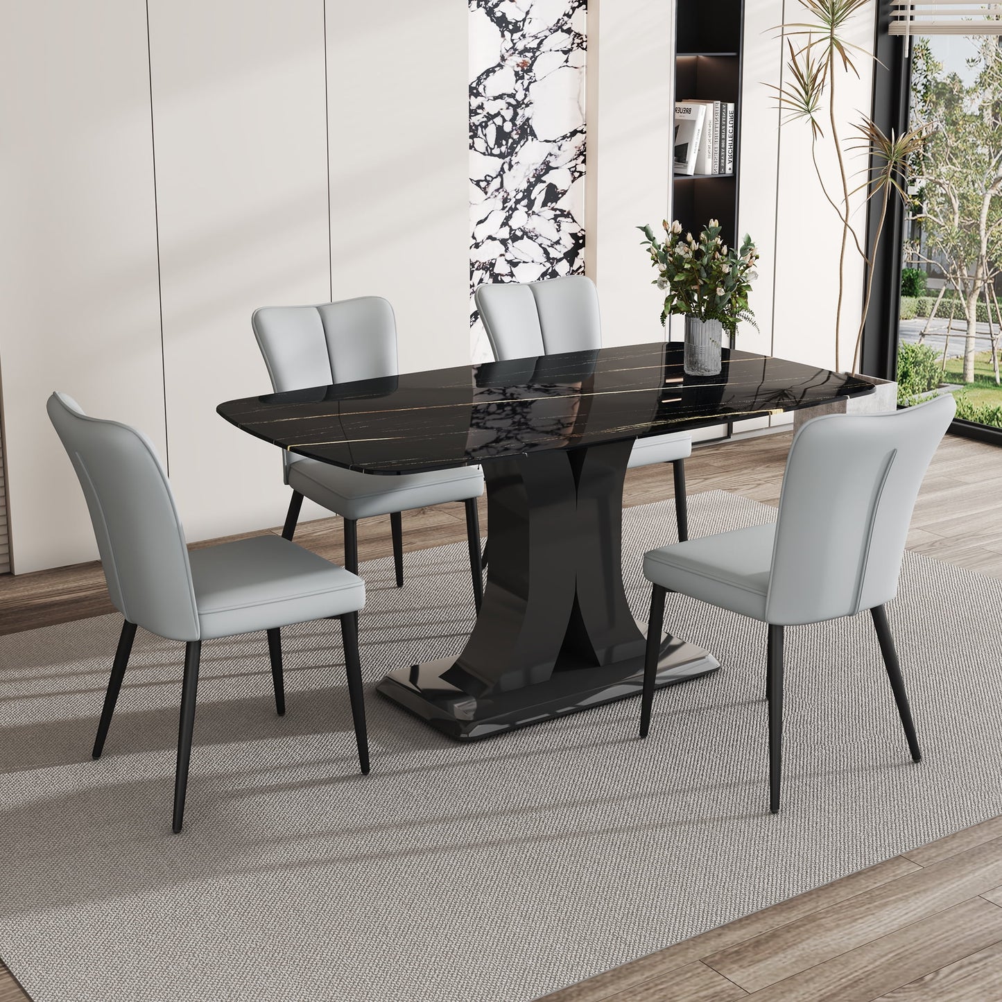 Sudica Marble Dining Set for 4, 63" Black Rectangular Kitchen Table with Modern PU Leather Dining Chairs, Gray