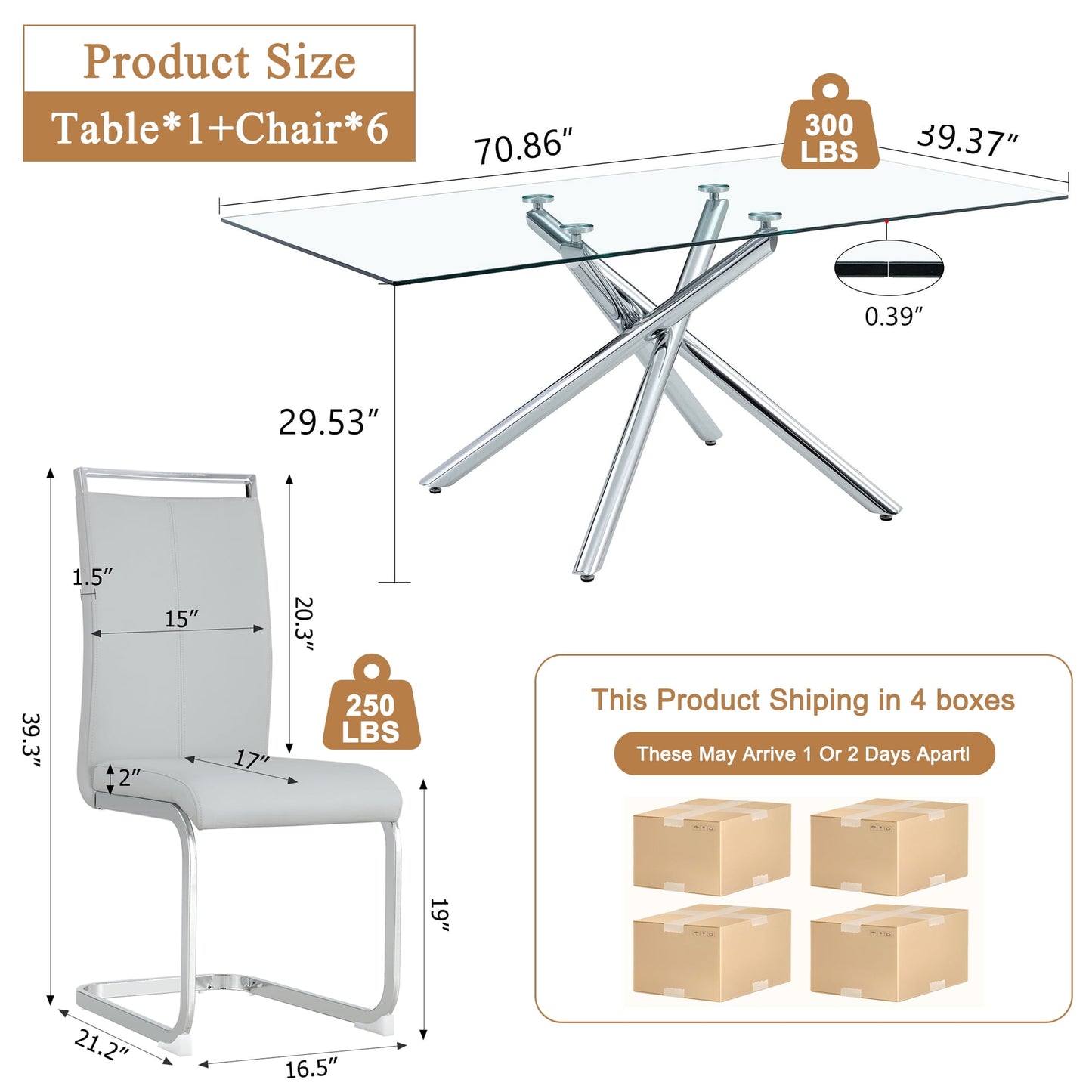 Sudica Glass Dining Table Set for 6, 71" Large Rectangular Kitchen Glass Dinner Table with Upholstered Silver Legs Dining Room Chairs, Light Gray