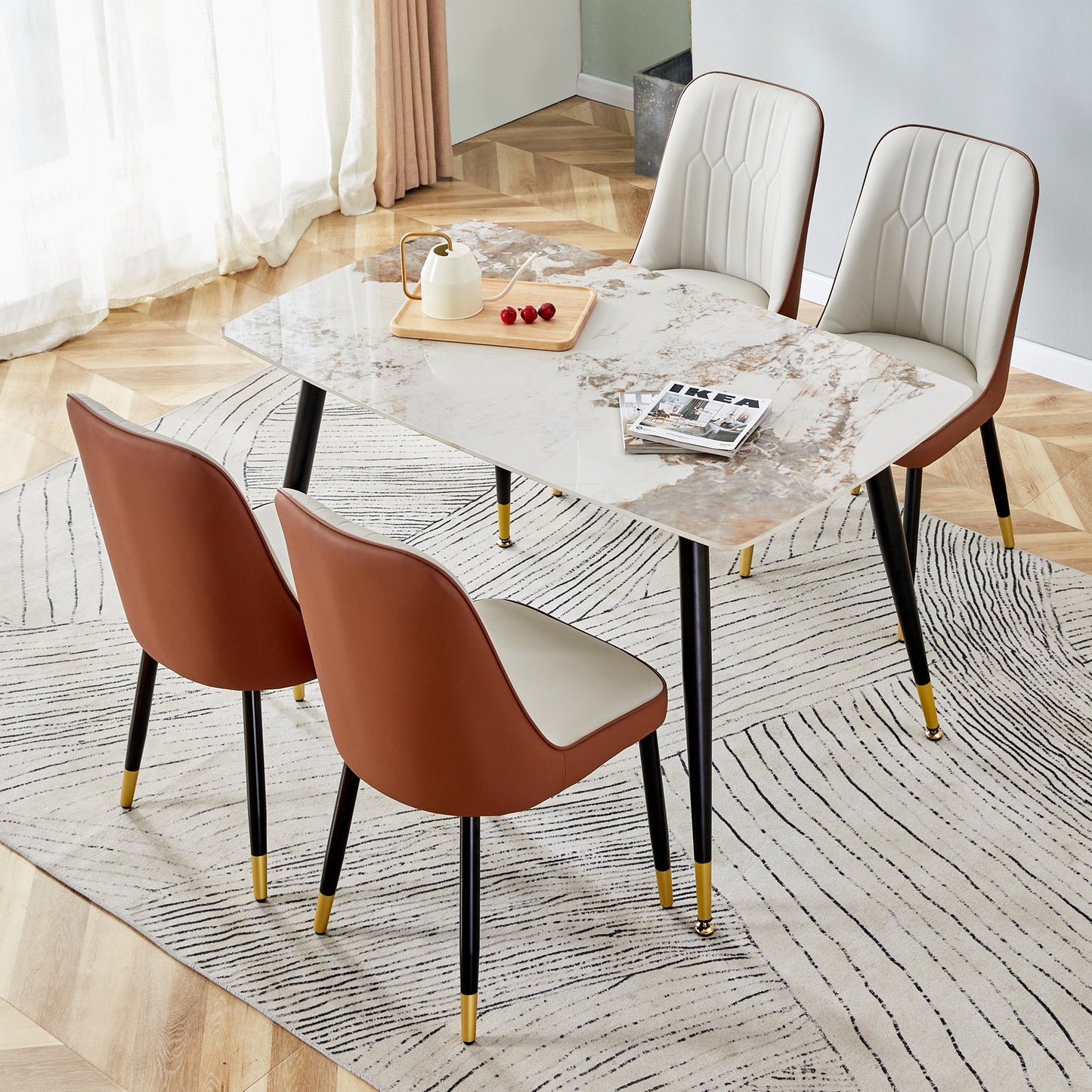 Sudica 5-Piece Dining Table Set,White Faux Marble Dining Tabletop with 4 Faux Leather Dining Room Chairs, Brown