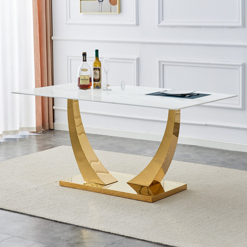 Sudica Modern Dining Table with White Marble Patterned Tabletop, 63 inch Large Dining Room Table with Golden U shape Base for Kitchen