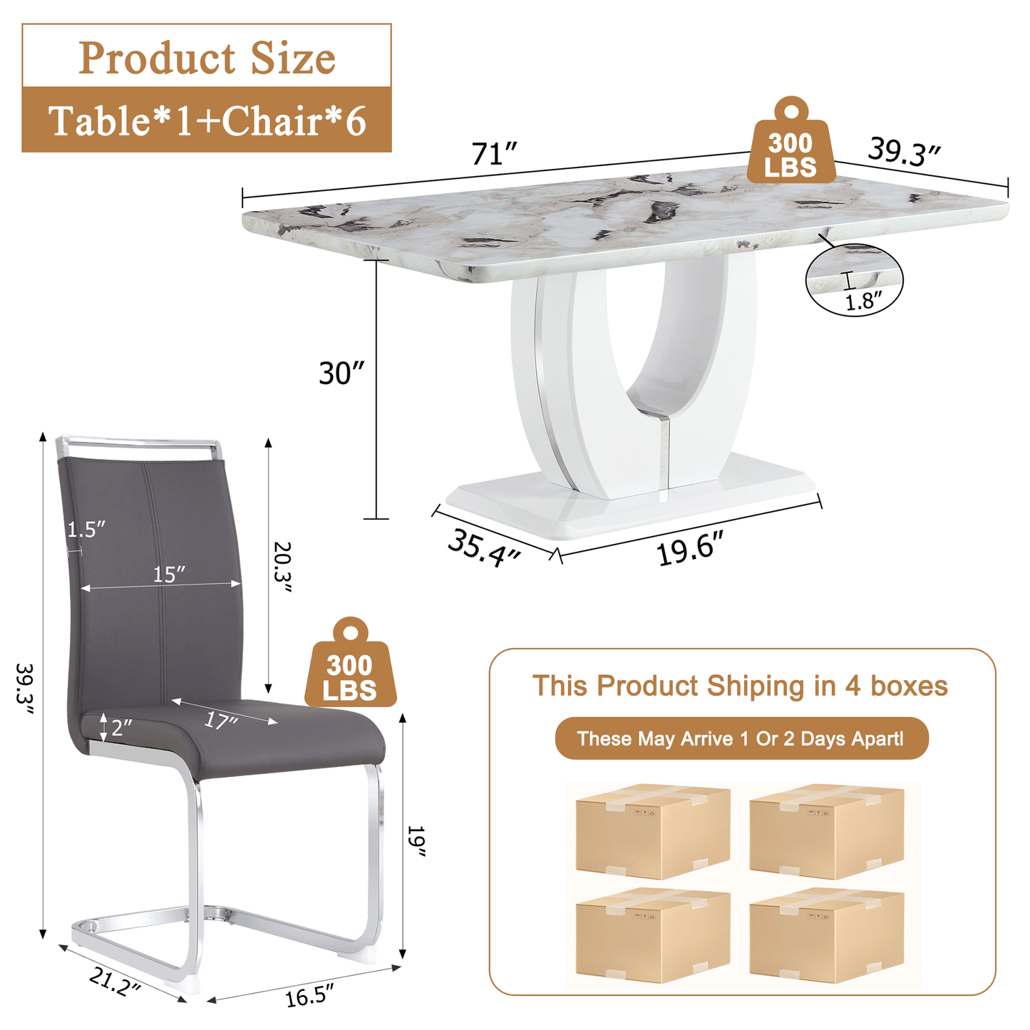 Sudica White Dining Table Set for 6, 71" Marble Kitchen Table with PU Leather Dining Room Chairs, Gray