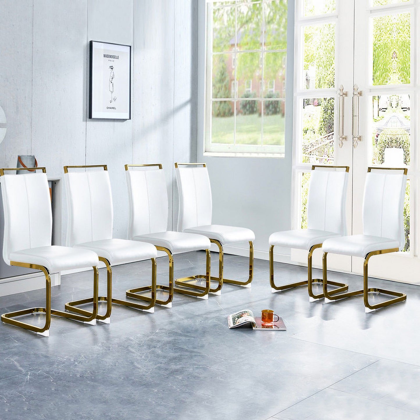 Modern Dining Chairs Set of 6 Sudica Faux Leather Dining Room Chairs with Golden Legs High Back Chair,White