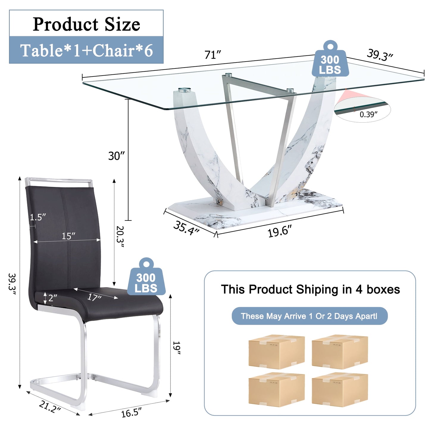 Sudica Glass Dining Set for 6, 71 inch Rectangular Glass Table with Upholstered Dining Room Chairs,Black