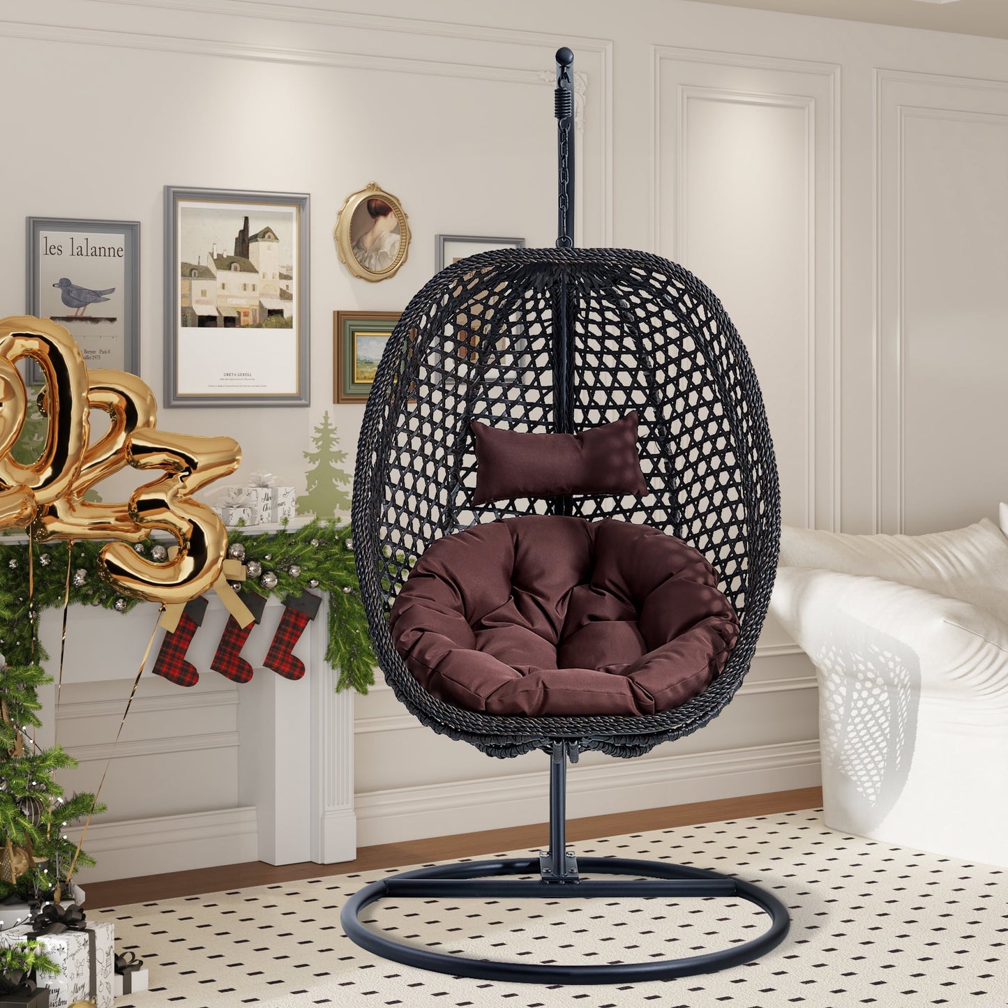 Sudica Hanging Egg Chair with Stand Patio Soft Cushion Rattan Wicker Egg Swing Chair for Bedroom, Garden 350lbs Capacity, Black