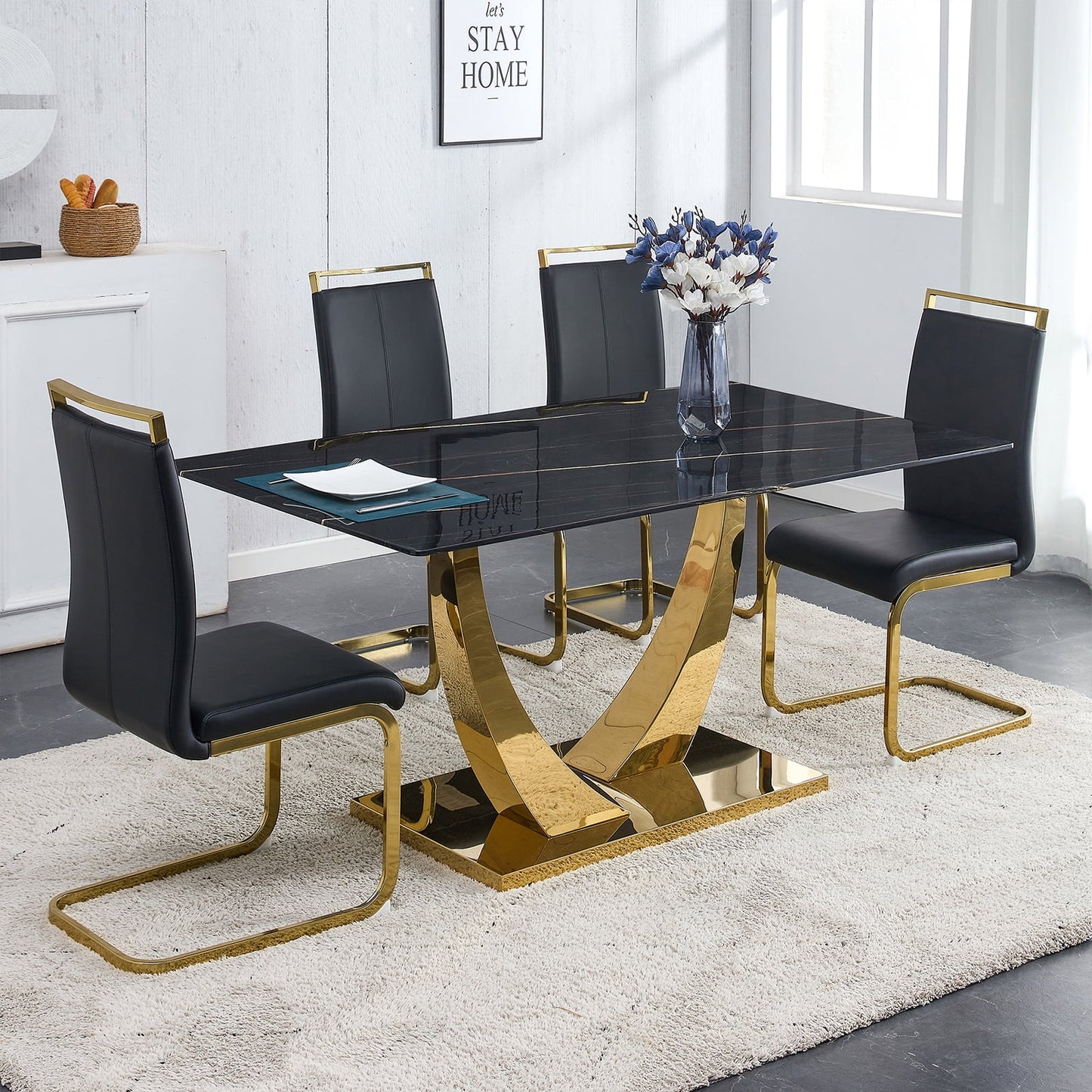 5-Piece Dining Table Set, Sudica Rectangular Faux Marble Kitchen Table with 4 Leather Gold Legs Dining Chairs, Black