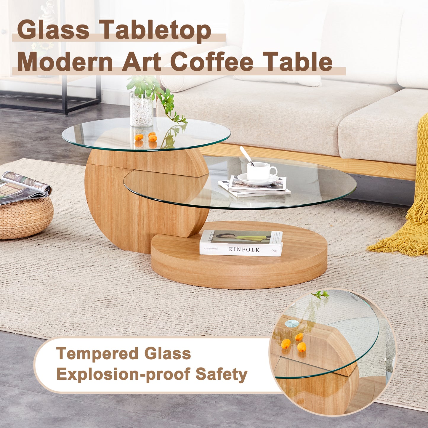 Sudica Modern Coffee Table with Double-layer Round Glass Tabletop，31 inch Tea Table with Light Wood Grain Base,Center Table for Living Room