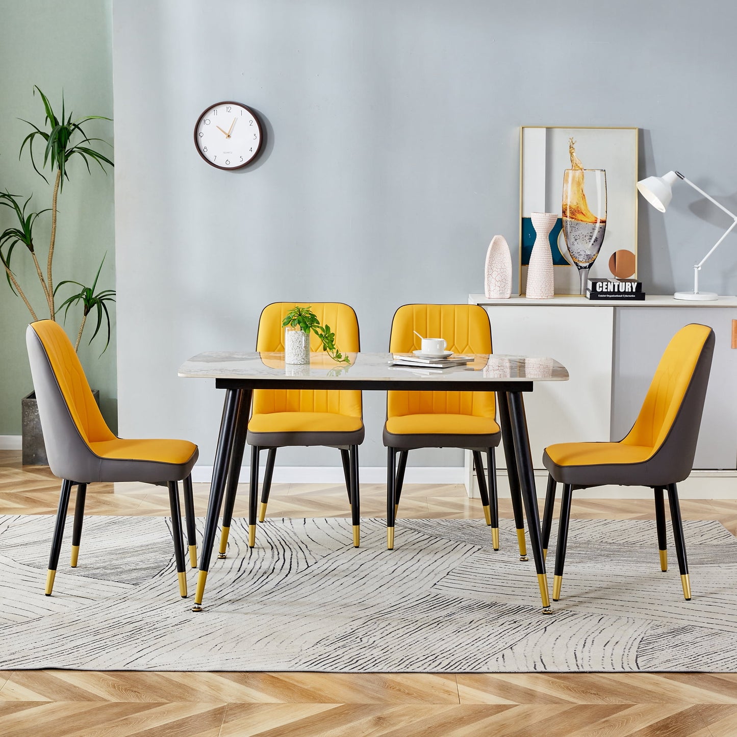 Sudica 5-Piece Dining Table Set,White Faux Marble Dining Tabletop with 4 Faux Leather Dining Room Chairs, Yellow